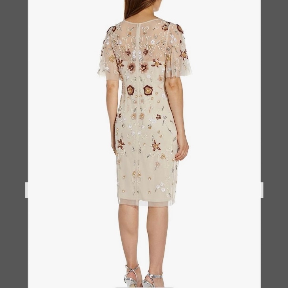 Adrianna Papell Beaded Illusion Flutter Sleeve Sheath Dress in Alabaster Size 4 - Picture 2 of 6